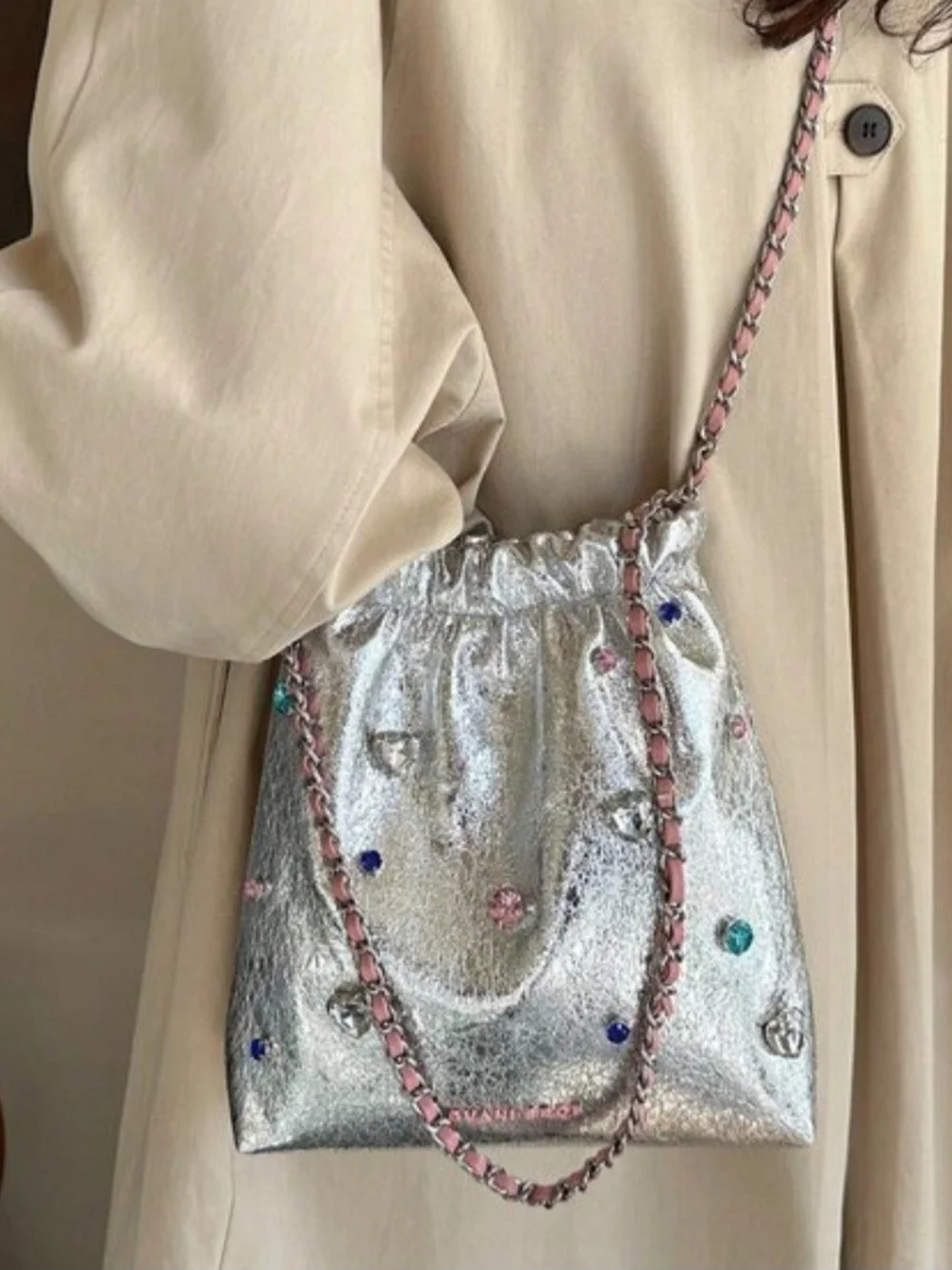 Jane & York Silver Metallic Crystal-Embellished Crossbody with Pink Trim